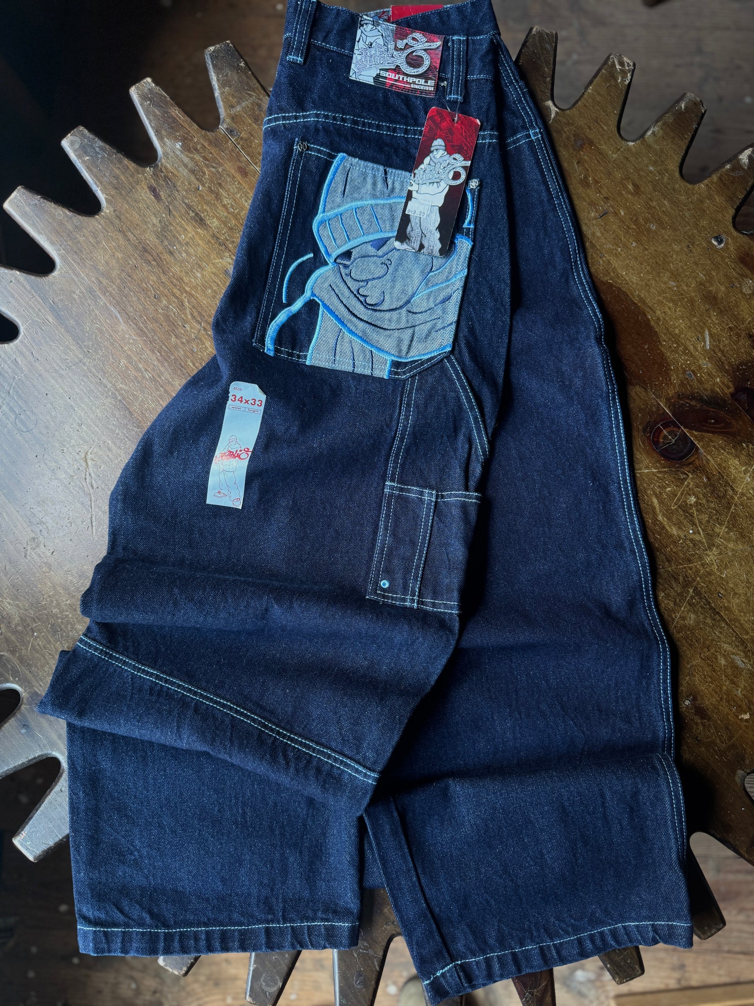 (Copy) Vintage Y2K Southpole Carpenter Jeans Baggy Embroidered DJ Black Denim NWT